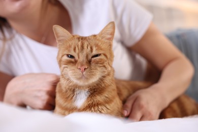 Photo of Woman with her cute ginger cat at home, closeup