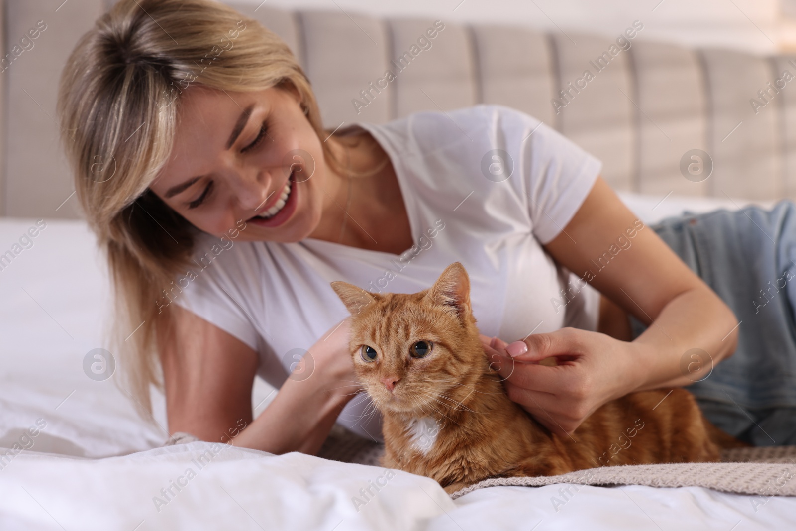 Photo of Woman stroking cute ginger cat on bed at home