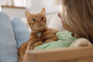 Photo of Woman with her cute ginger cat at home