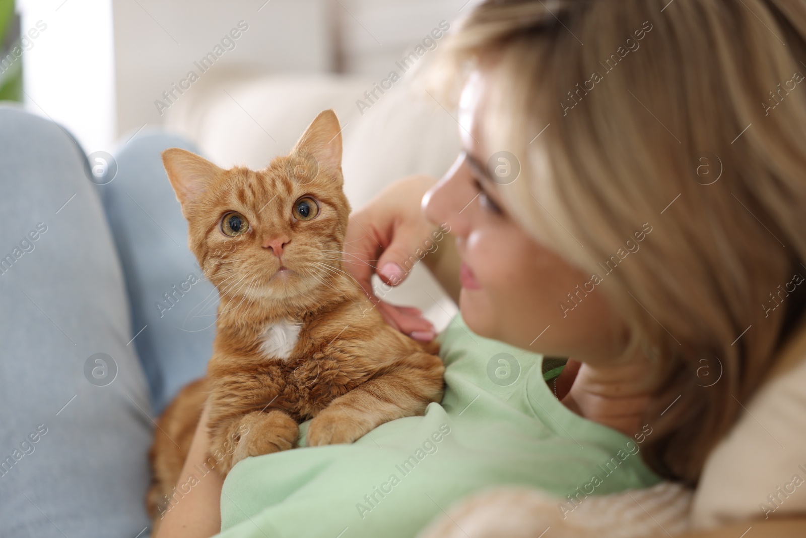 Photo of Woman with her cute ginger cat at home