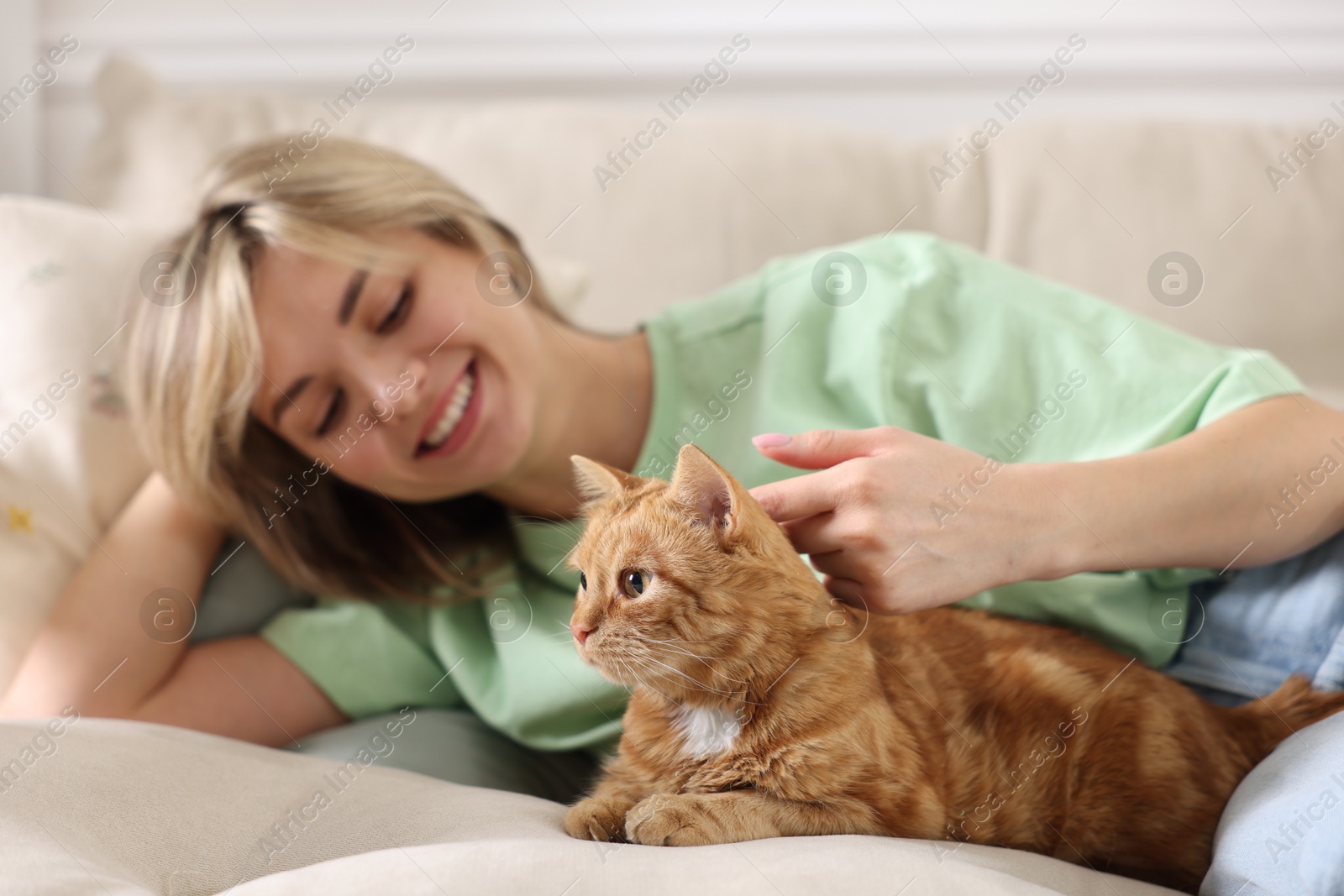 Photo of Woman stroking cute ginger cat on sofa at home, selective focus