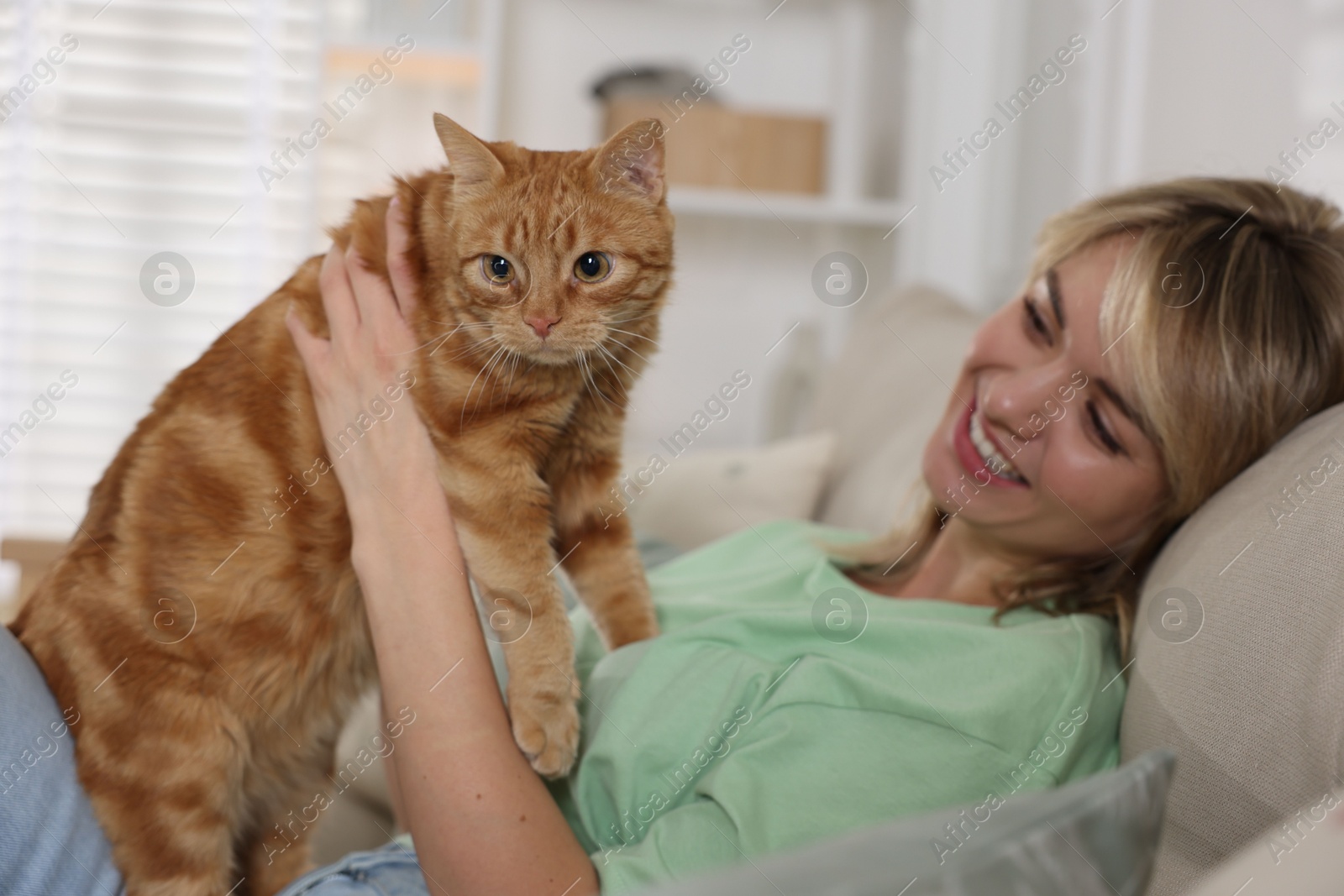 Photo of Woman with her cute ginger cat on sofa at home