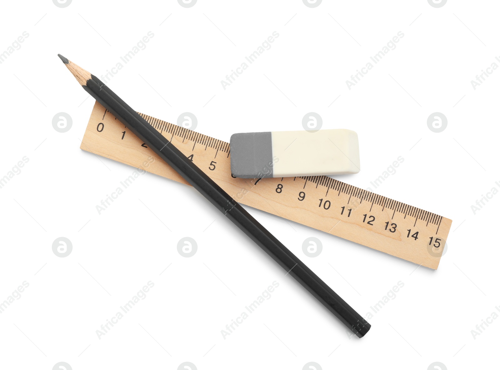 Photo of Eraser, ruler and pencil isolated on white, top view