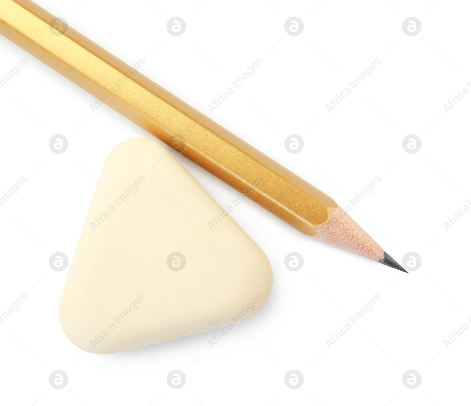 Photo of Eraser and pencil isolated on white, top view