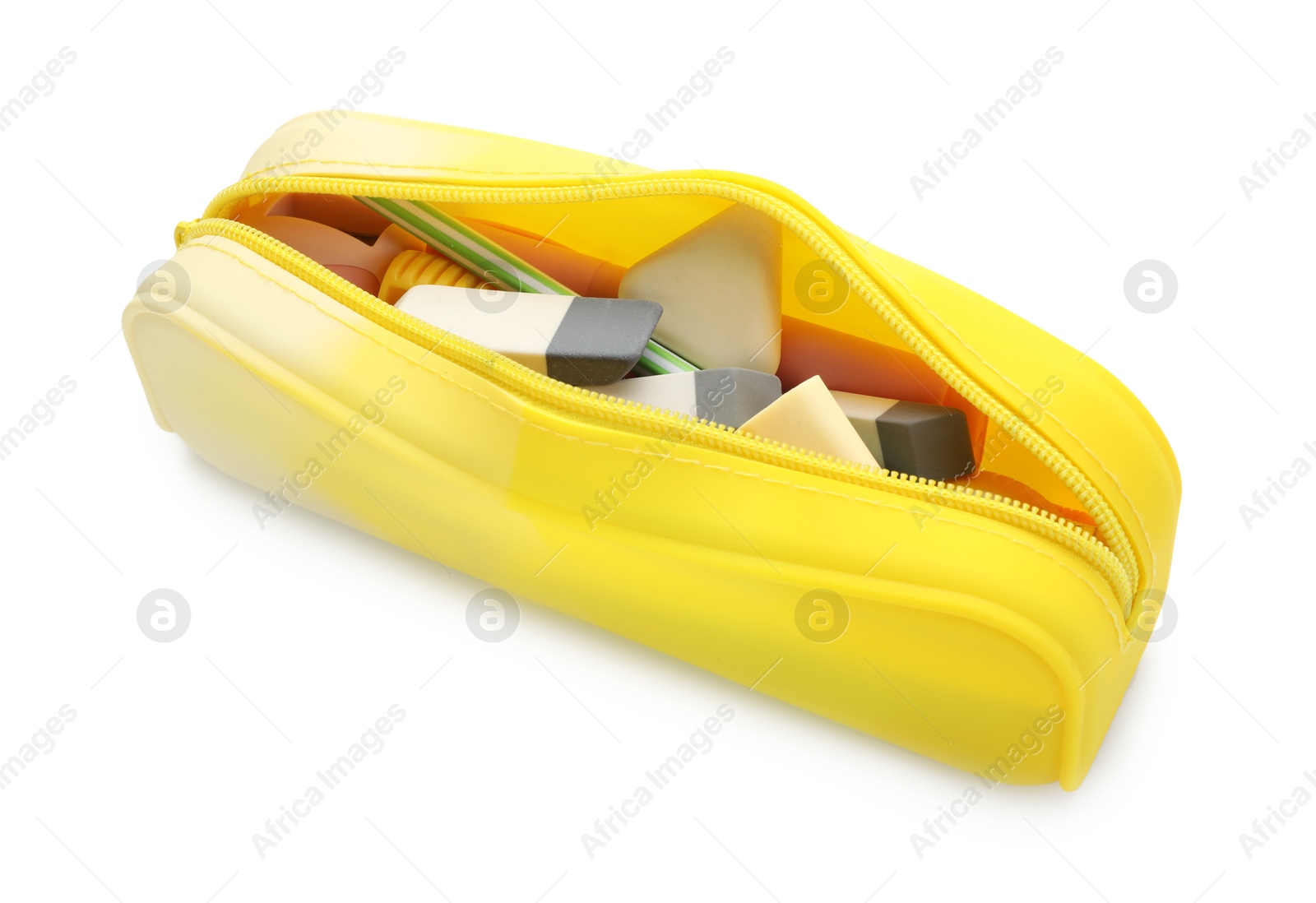 Photo of Erasers and other different stationery in pencil case isolated on white