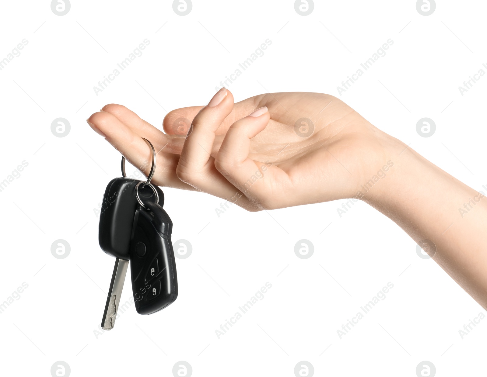 Woman with car keys on white background, closeup Photo of Woman with car keys on white background, closeup