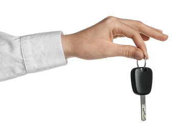 Photo of Woman with car key on white background, closeup