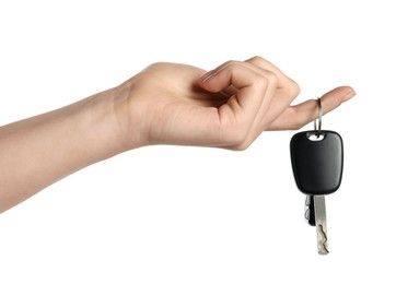 Photo of Woman with car keys on white background, closeup