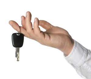 Photo of Man with car keys on white background, closeup