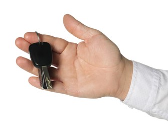 Photo of Man with car keys on white background, closeup