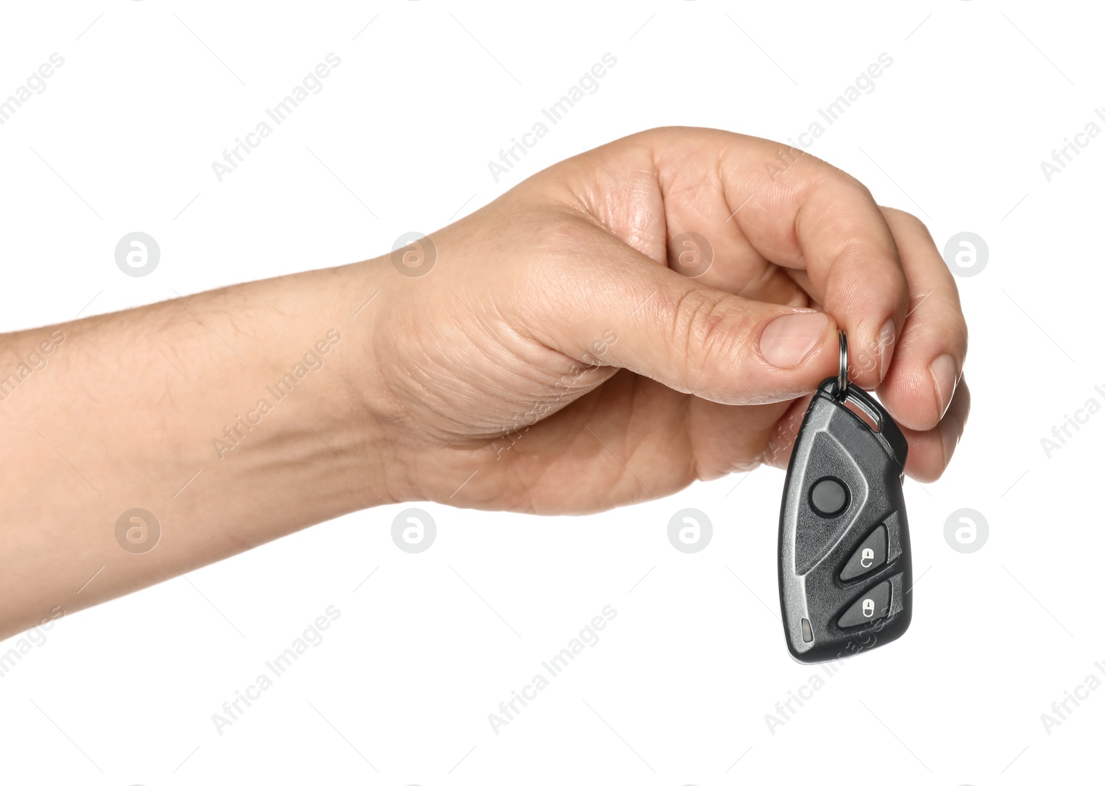 Man with car flip key on white background, closeup Photo of Man with car flip key on white background, closeup
