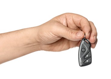 Photo of Man with car flip key on white background, closeup