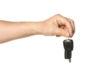 Photo of Man with car keys on white background, closeup