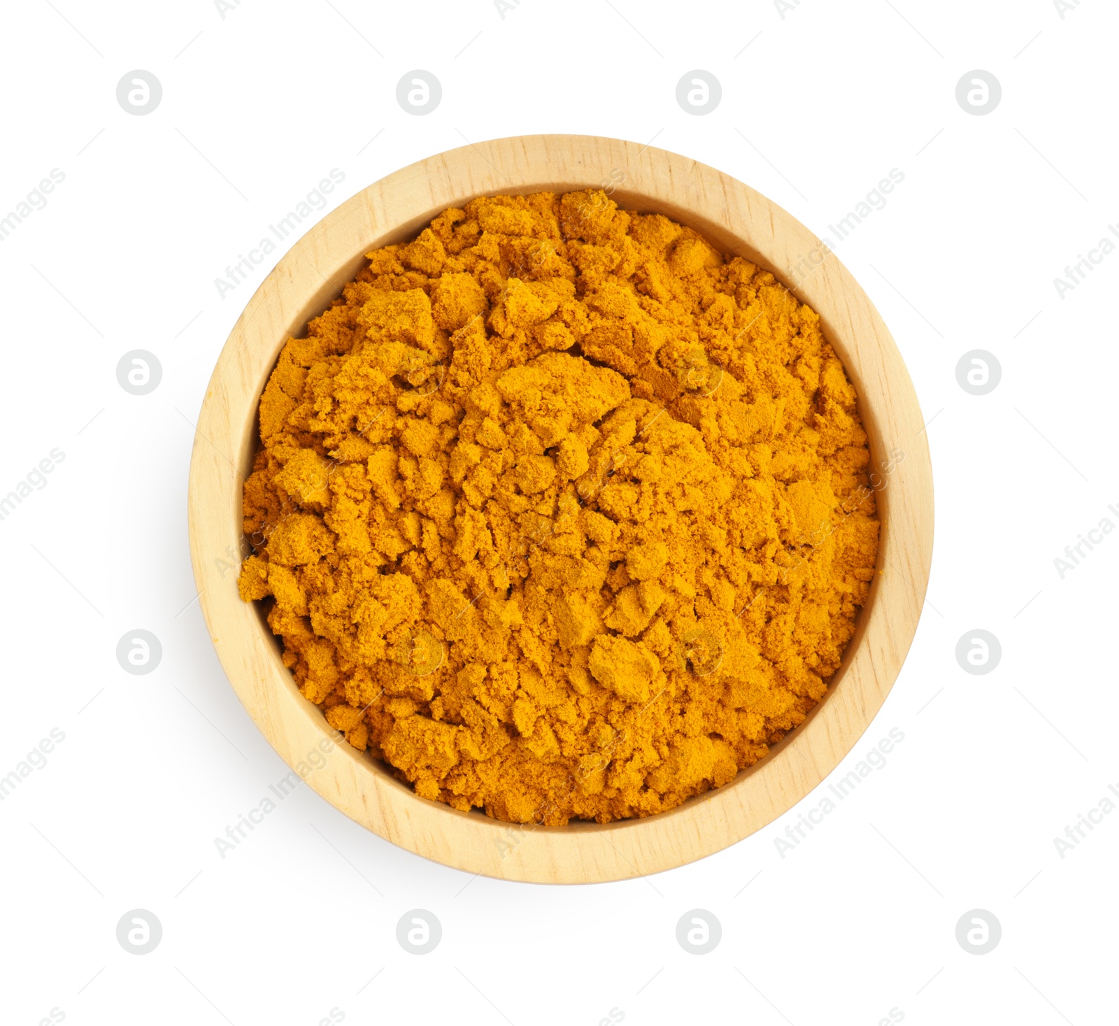 Photo of Turmeric powder in bowl isolated on white, top view