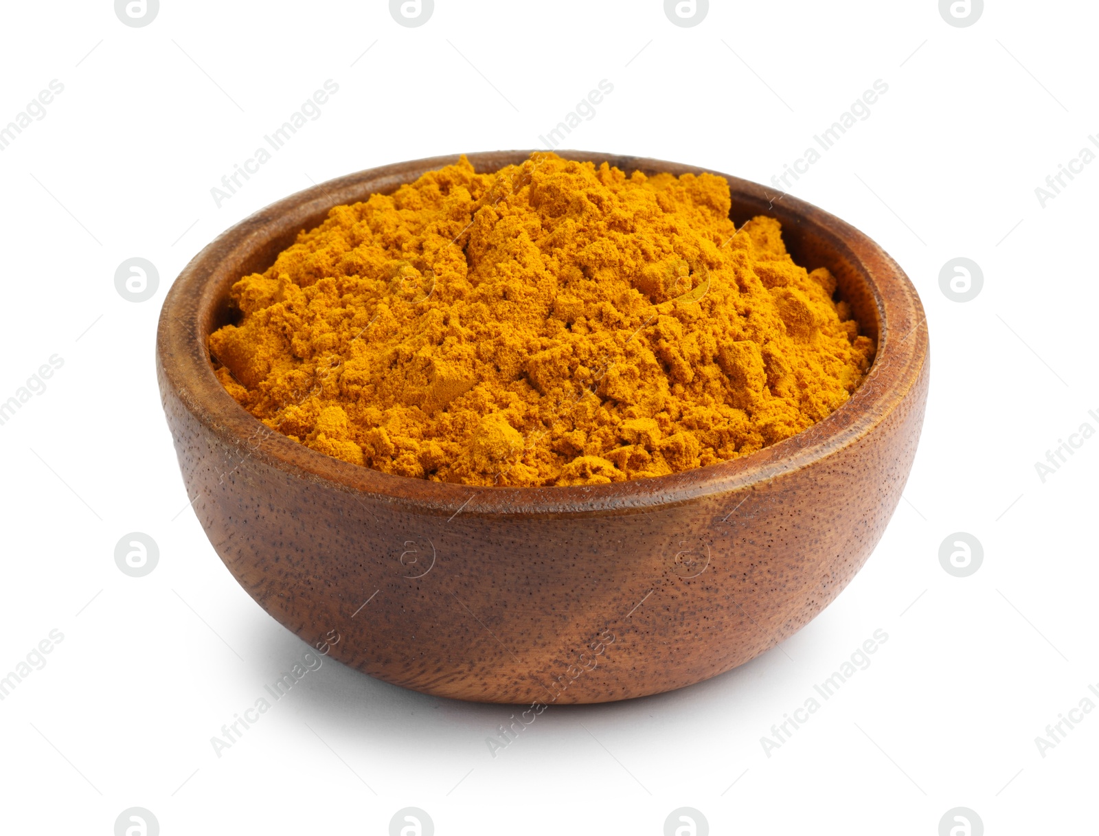 Photo of Turmeric powder in bowl isolated on white