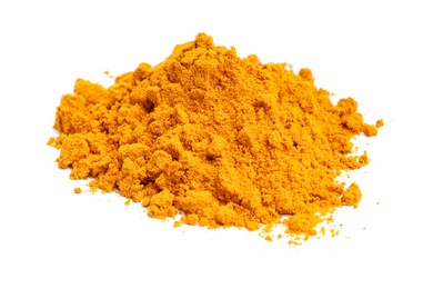 Photo of Heap of turmeric powder isolated on white