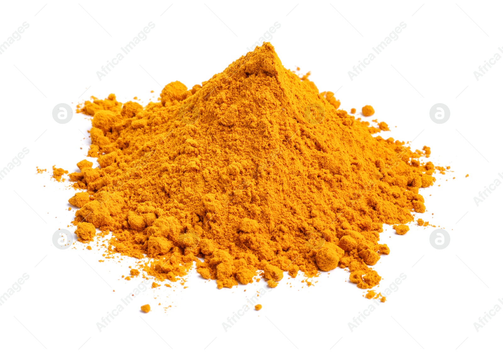 Photo of Heap of turmeric powder isolated on white