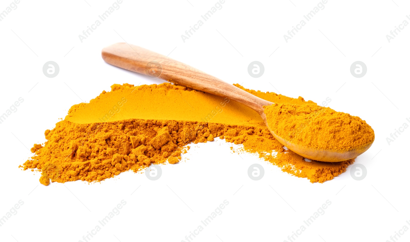 Photo of Turmeric powder and spoon isolated on white