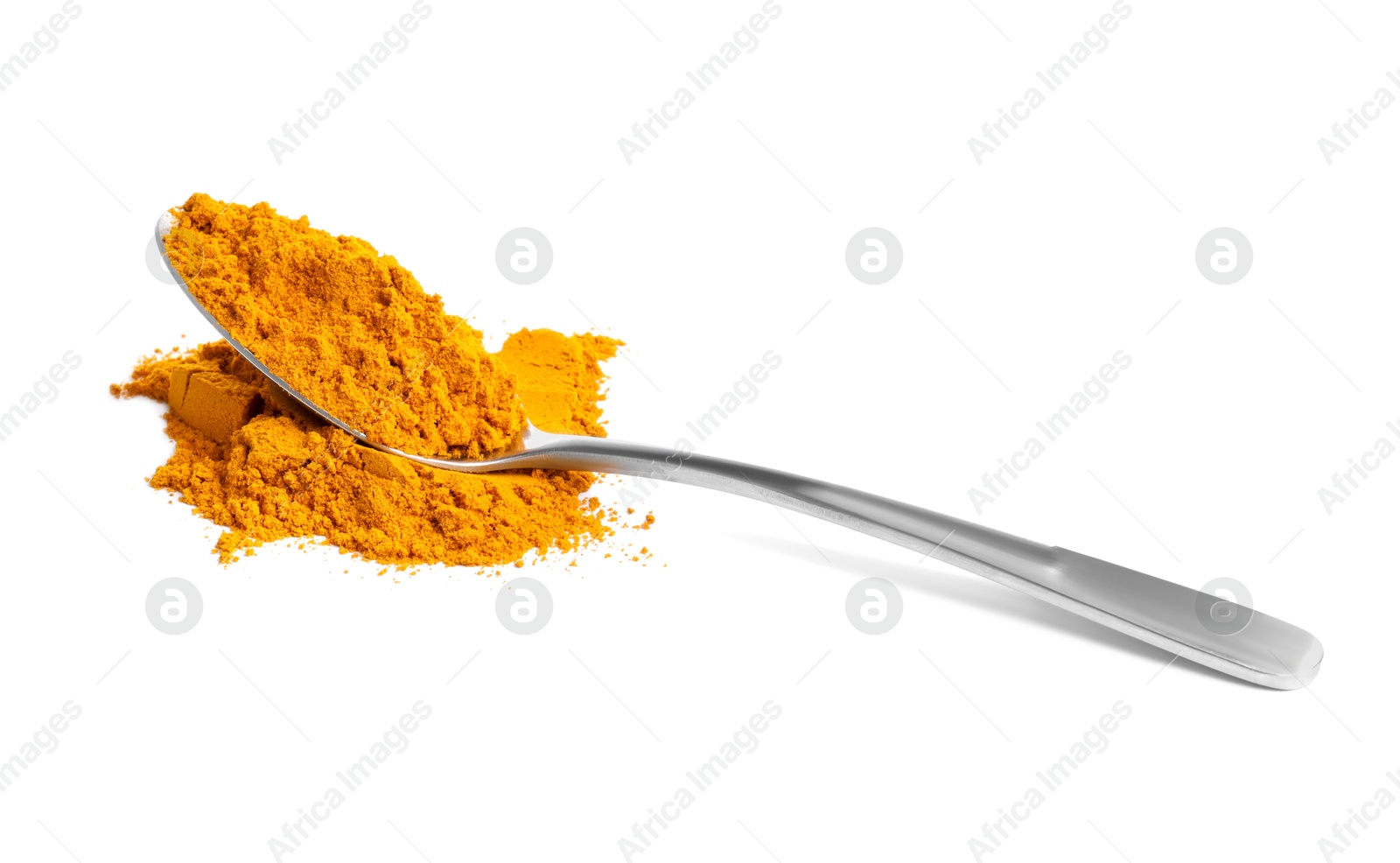 Photo of Turmeric powder and spoon isolated on white