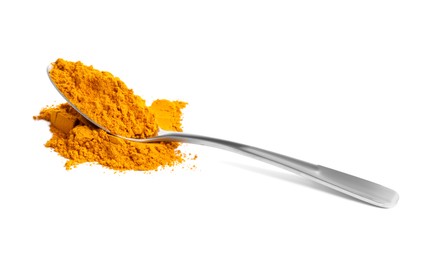 Photo of Turmeric powder and spoon isolated on white