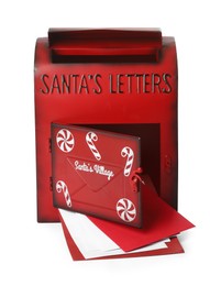 Photo of Santa Claus mail box with letters isolated on white. Christmas tradition