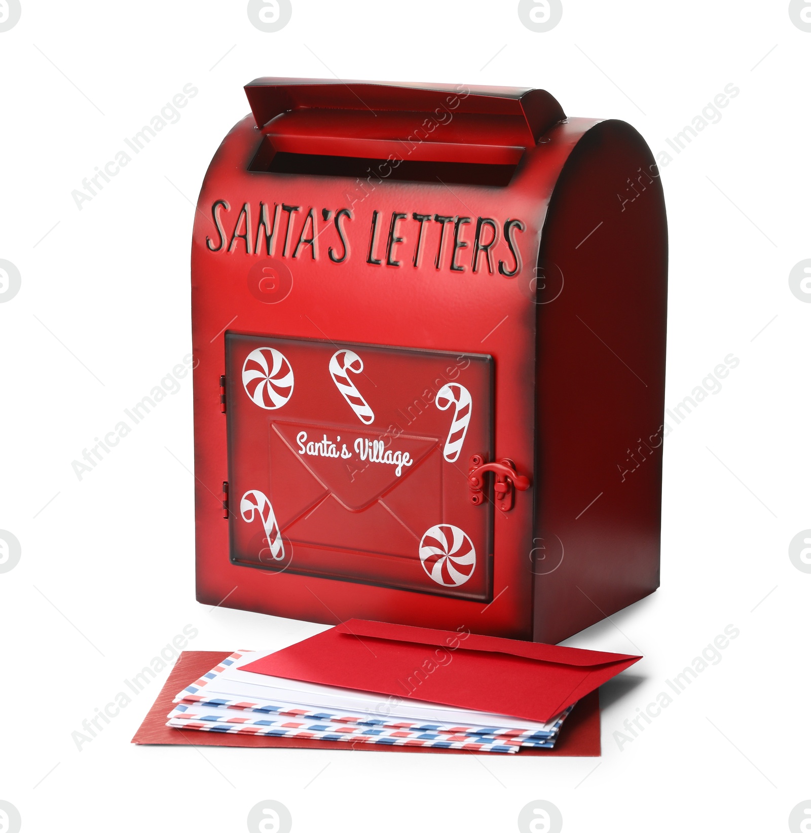 Photo of Santa Claus mail box with letters isolated on white. Christmas tradition