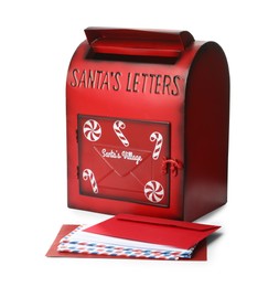 Photo of Santa Claus mail box with letters isolated on white. Christmas tradition