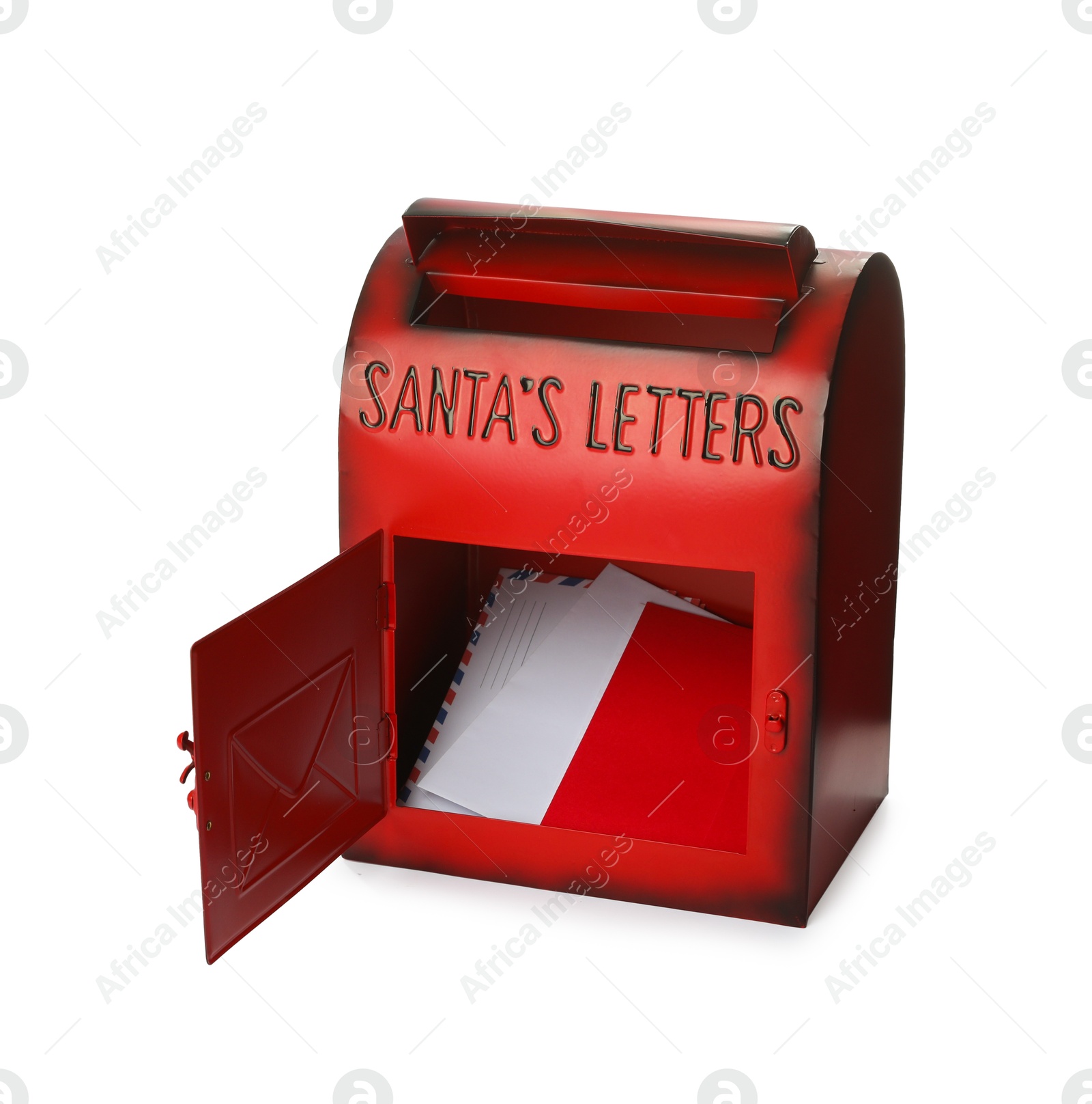 Photo of Santa Claus mail box with letters isolated on white. Christmas tradition