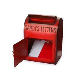 Photo of Santa Claus mail box with letters isolated on white. Christmas tradition