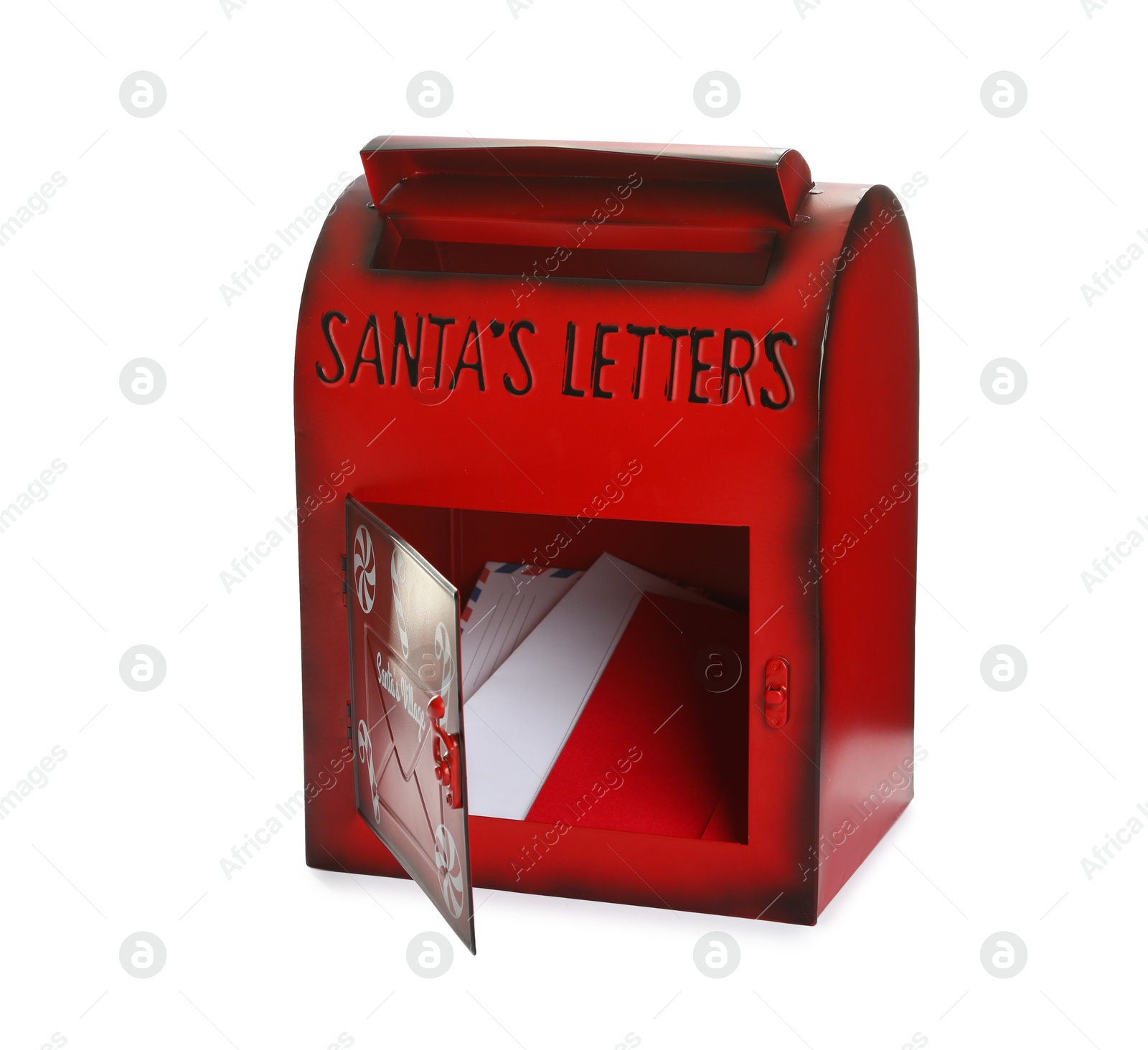 Photo of Santa Claus mail box with letters isolated on white. Christmas tradition