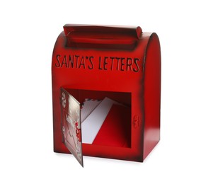 Photo of Santa Claus mail box with letters isolated on white. Christmas tradition