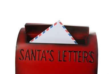 Photo of Santa Claus mail box with letter isolated on white. Christmas tradition