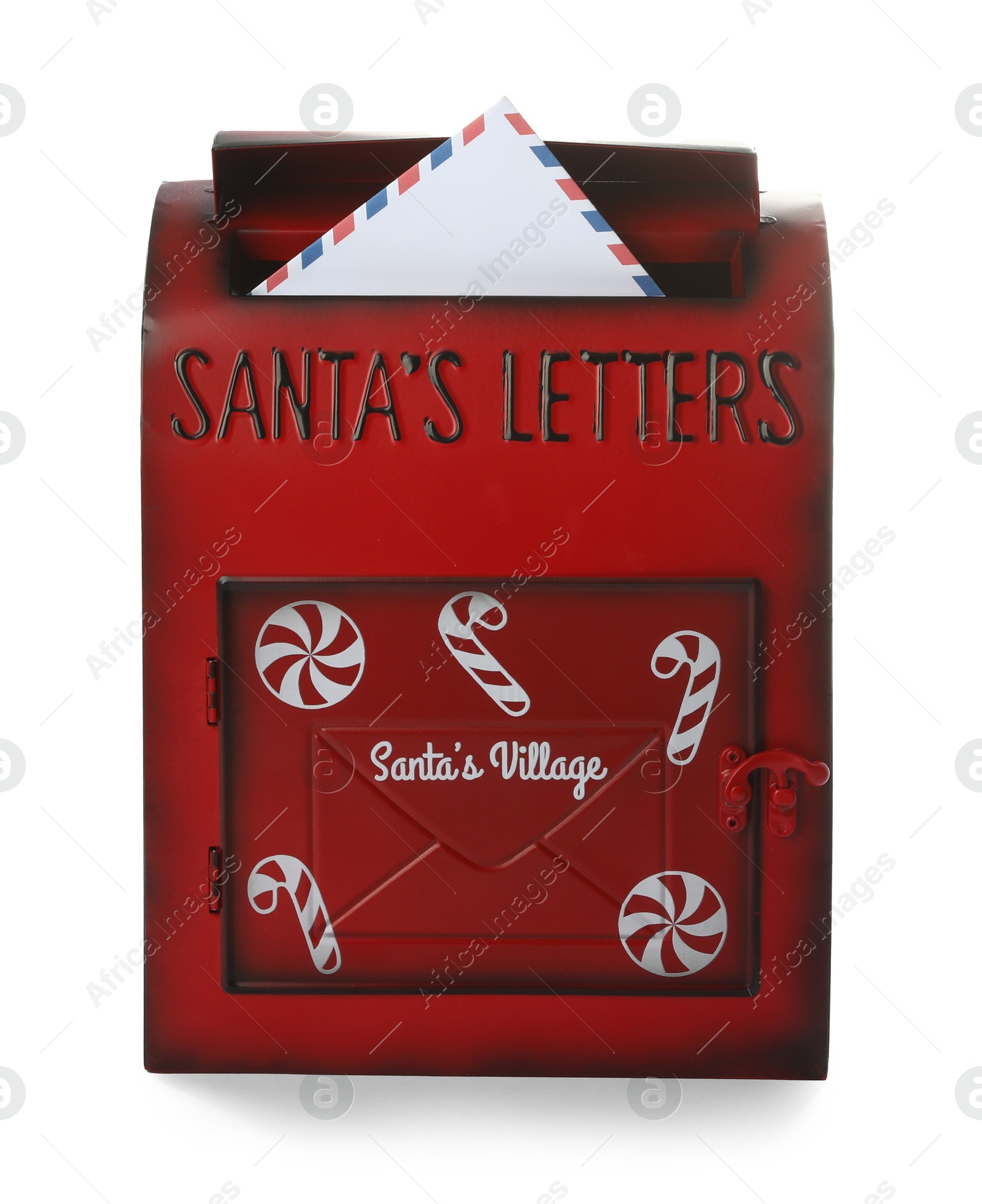 Photo of Santa Claus mail box with letter isolated on white. Christmas tradition