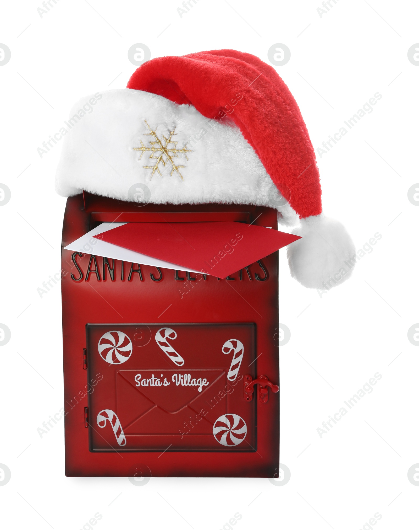 Photo of Santa Claus mail box with hat and letters isolated on white. Christmas tradition