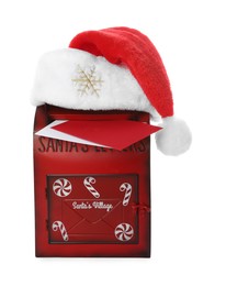 Photo of Santa Claus mail box with hat and letters isolated on white. Christmas tradition