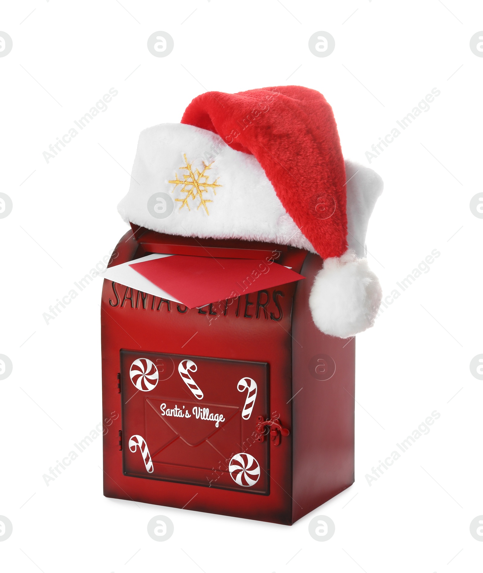 Photo of Santa Claus mail box with hat and letters isolated on white. Christmas tradition