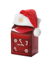 Photo of Santa Claus mail box with hat and letters isolated on white. Christmas tradition