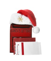 Photo of Santa Claus mail box with hat and letters isolated on white. Christmas tradition