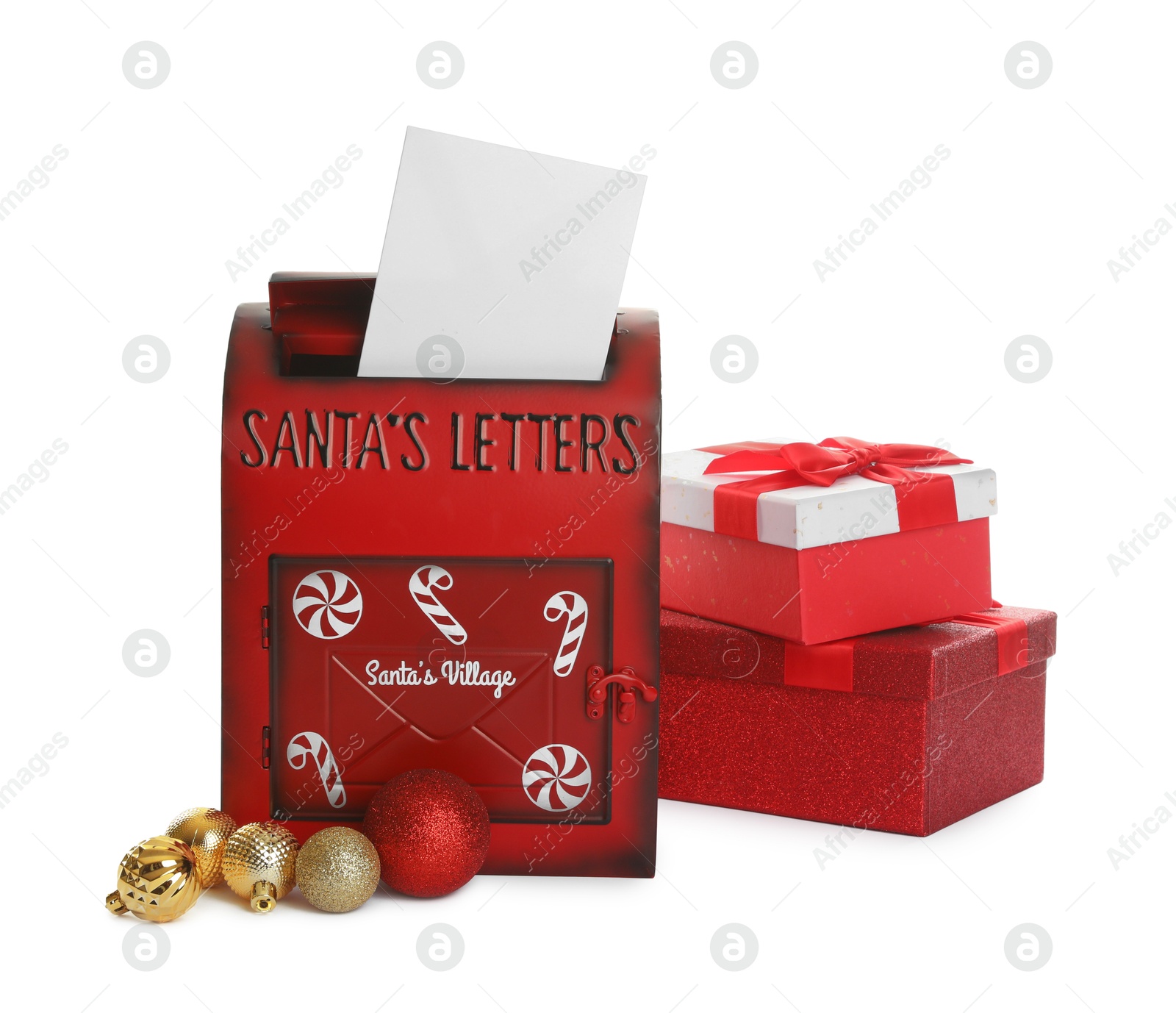 Photo of Santa Claus mail box with letter and gifts isolated on white. Christmas tradition