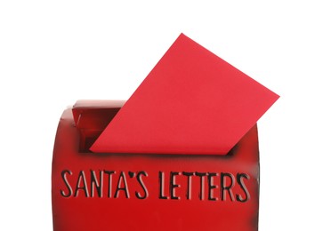 Photo of Santa Claus mail box with letter isolated on white. Christmas tradition