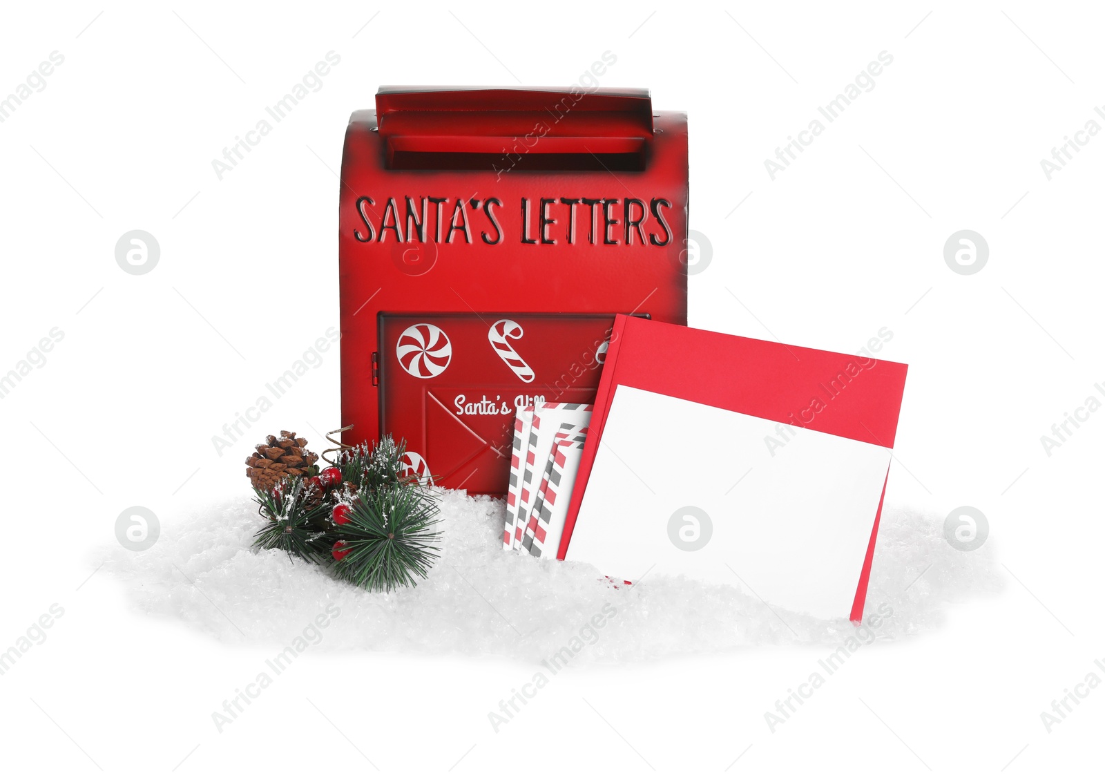 Photo of Santa Claus mail box with letters, pine branch and artificial snow isolated on white. Christmas tradition