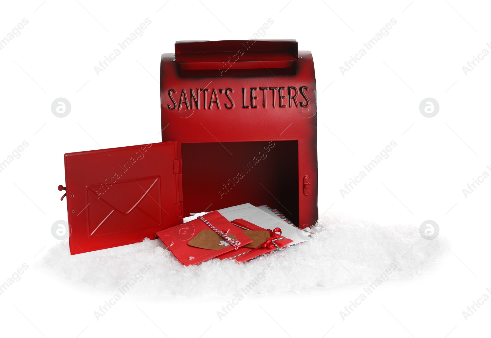 Photo of Santa Claus mail box with letters and artificial snow isolated on white. Christmas tradition