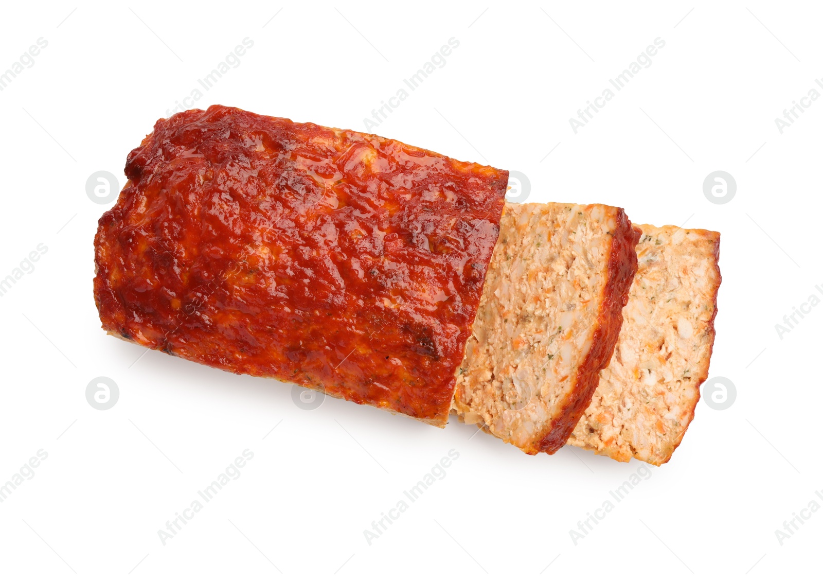 Photo of Delicious baked turkey meatloaf isolated on white, top view