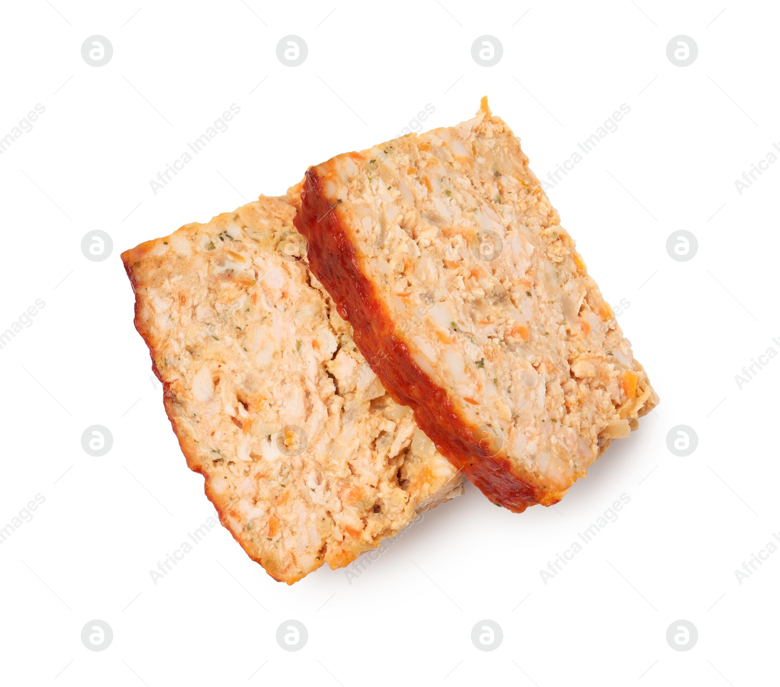 Photo of Slices of delicious baked turkey meatloaf isolated on white, top view