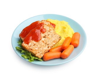 Photo of Delicious baked turkey meatloaf, mashed potato, carrots and ketchup isolated on white