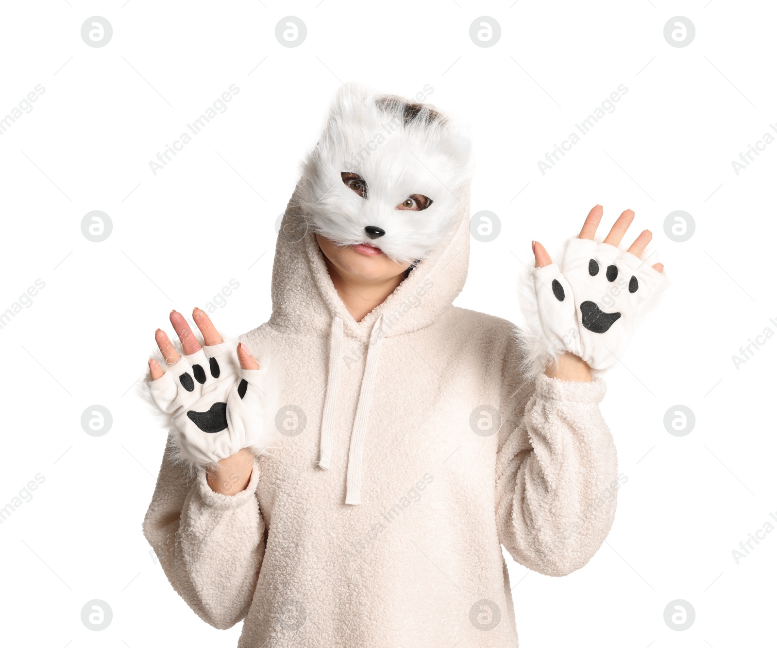 Photo of Quadrobics. Woman wearing cat mask and gloves on white background