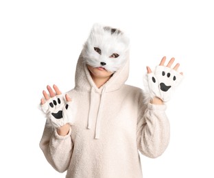 Photo of Quadrobics. Woman wearing cat mask and gloves on white background