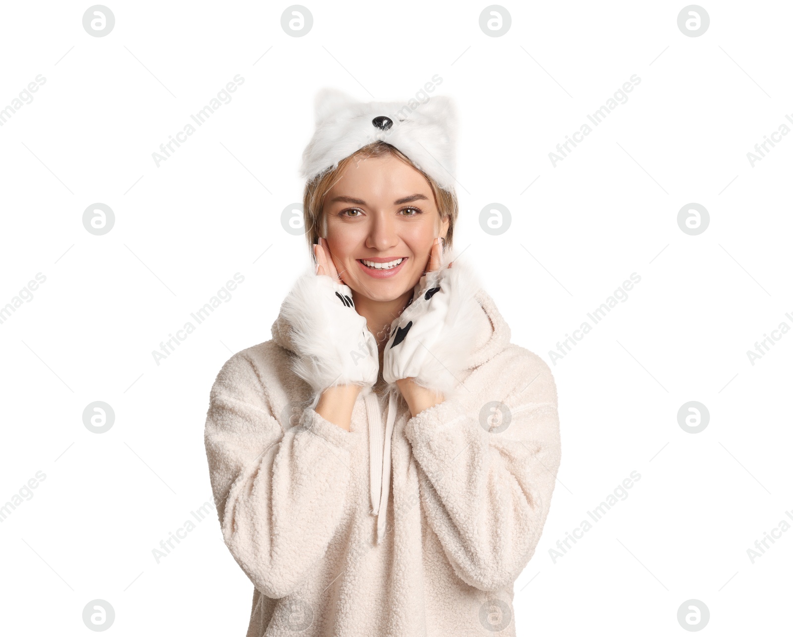 Photo of Quadrobics. Smiling woman wearing cat mask and gloves on white background