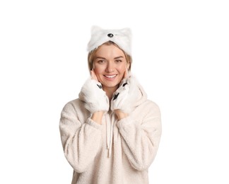 Photo of Quadrobics. Smiling woman wearing cat mask and gloves on white background