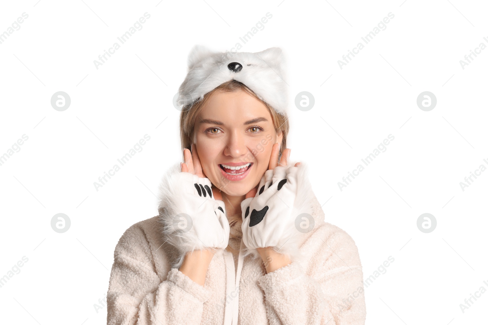 Photo of Quadrobics. Smiling woman wearing cat mask and gloves on white background